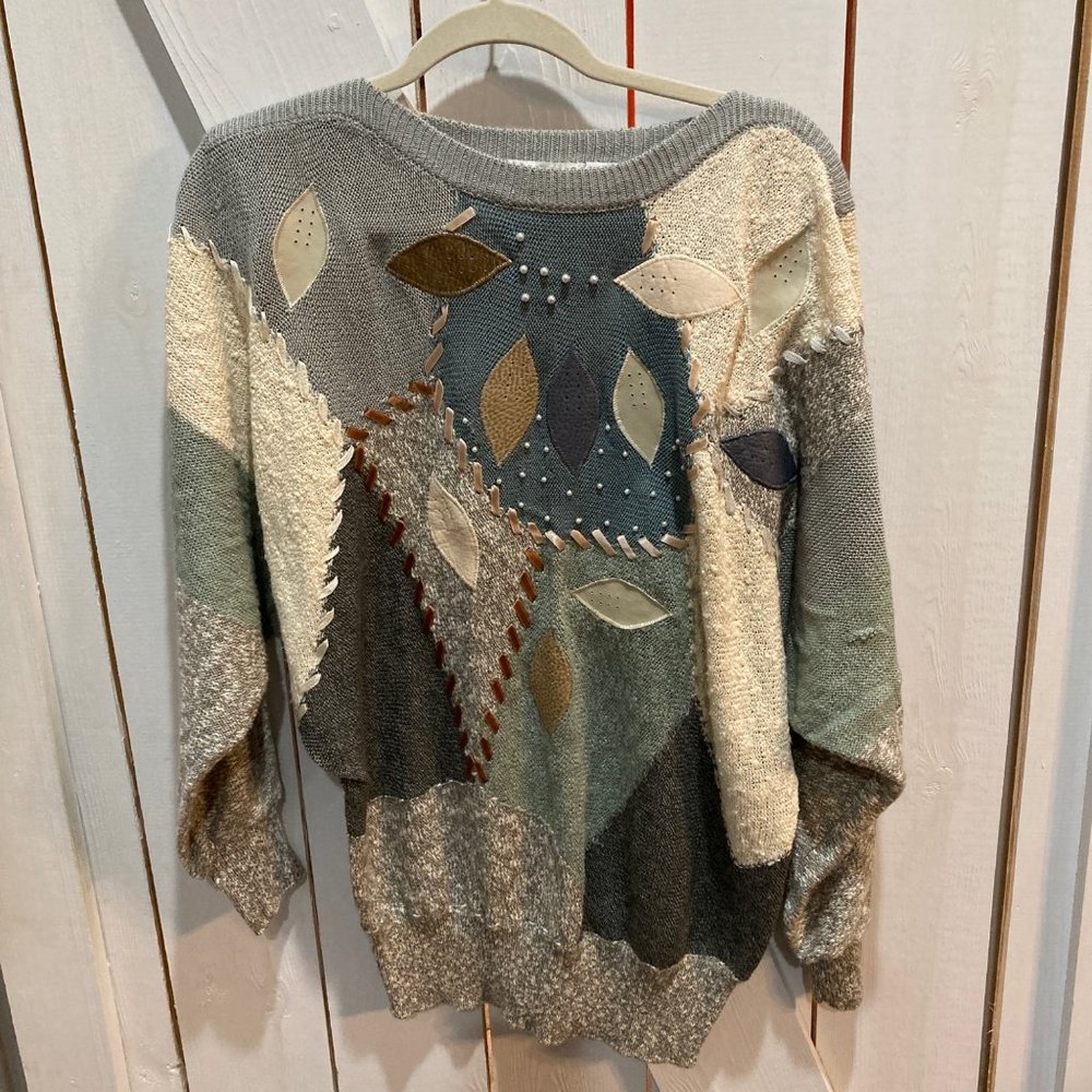 Vintage mixed media blue gray feather pearl top Jason Maxwell XL